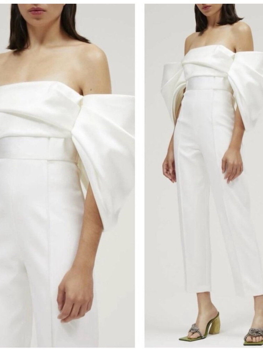 Solace London White Off-Shoulder Cropped Jumpsuit with Dramatic Bow Sleeves